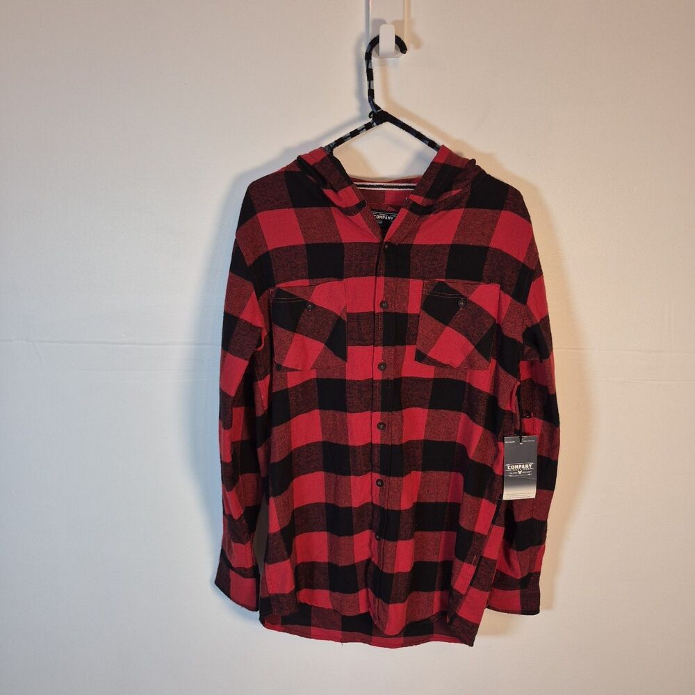 Company Eighty One Hooded Flannel Shirt Mens Large Red Black Buffalo Plaid